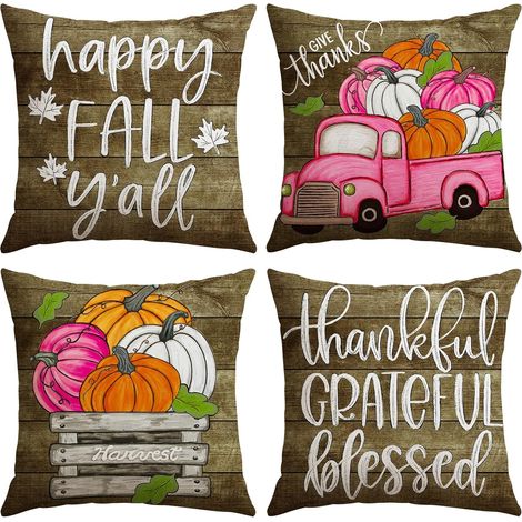 Fundas de cojín decorativas de otoño, juego de 4, 45 x 45 cm, diseño de calabaza y camión, para sofá y sillón, estilo rústico y exterior. (1/5)