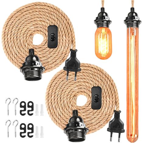 2 pièces Kit de suspension avec interrupteur, câble de lampe vintage, 4,5 m, E27, corde de chanvre torsadée, sans ampoule, câble textile, douille de lampe avec câble, lampe suspendue DIY pour maison (1/5)