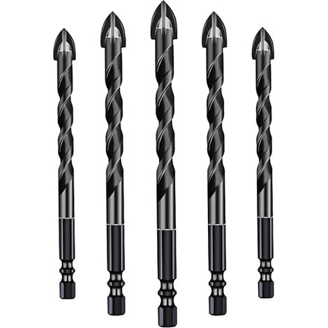 Juego de brocas para mampostería Aramox, juego de 10 piezas de aleación dura negra para hormigón (5, 6, 8, 10, 12 mm) con vástago hexagonal y punta en cruz para azulejos, ladrillos, vidrio, cerámica,  (1/5)