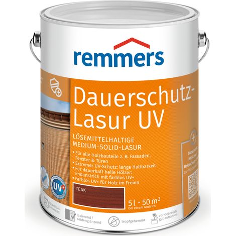 Remmers Dauerschutz-Lasur UV teak, 5 Liter, Holz UV-Schutz für außen, auch für helle Farbtöne und farblos UV+, blockfest, wetterbeständig