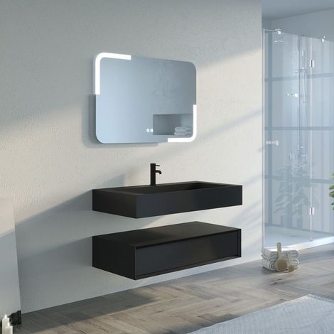 Distribain – Meuble de salle de bain suspendu 100cm – Simple vasque noire mat – 2 tiroirs avec ouverture push-open – Ensemble moderne et design (1/5)