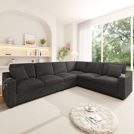 Canapé d'angle 6 places 277x215x85 cm en velours côtelé gris, USB-C pour salon – MEUBLIV (1/5)