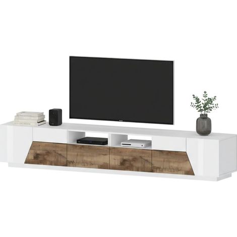 Dmora Mueble TV para salón, Made in Italy, Mueble TV con 4 puertas geométricas y 2 cajones, 260x43h46 cm, Blanco brillo y Arce, con embalaje reforzado