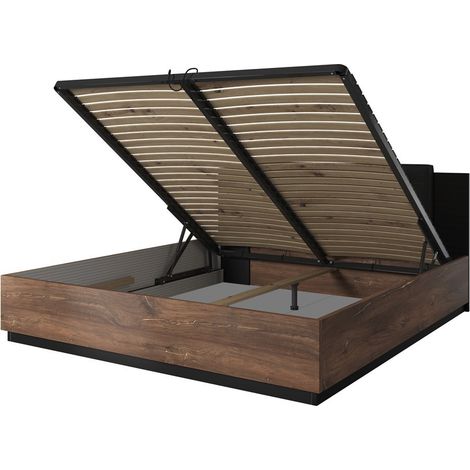 Letto contenitore 180x200 - Rovere scuro e nero - Collezione FOX - Rete inclusa