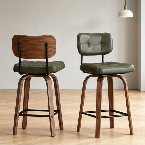 Set of 2 Tabouret de bar pivotant avec dossier ergonomique, structure métal et bois, revêtement PU - vert (1/5)