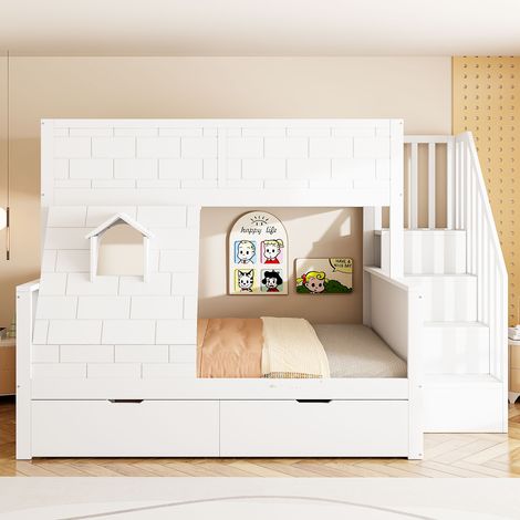 Lit Superposé 90x200 + 140x200 cm avec Escalier de Rangement - 2 Tiroirs Sous-Lit - Fenêtre Décorative - Structure Pin Massif - Blanc (1/5)
