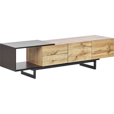 Mobile TV Moderno con 2 Cassetti e 2 Ripiani Nero e Legno Chiaro Fiora