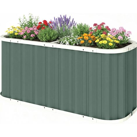 Plateau de jardin surélevé en métal 136x53x61 cm, bords protecteurs, étiquettes végétales, gants inclus, fond ouvert. (1/5)