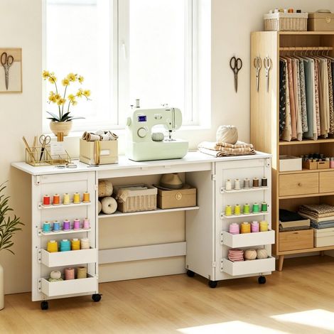 Table de couture pliante multifonctionnelle sur roulettes, portes magnétiques, boîtes rangement, crochets, meuble inclus 160×40×81,5 cm, blanc (1/5)