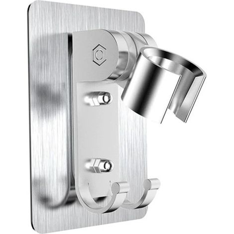 Support de pommeau de douche en aluminium spatial argenté, adhésif, réglable, pour salle de bain. (1/5)