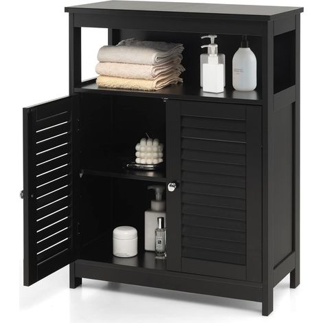 COSTWAY Armadietto da Bagno, Armadietto di Legno con Doppie Ante a Persiana e Mensola Regolabile, Mobile da Bagno Basso Salvaspazio per Ingresso e Camera da Letto, 60 x 30,5 x 80 cm (Nero) (1/5)