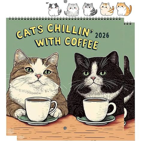 Adorable calendrier mural 2026 à suspendre avec chats amusants avec livres, calendrier mensuel sur le thème de 12 mois, décoration d'intérieur, cadeaux de Noël pour les amoureux des chats (2 pièces-B) (1/5)