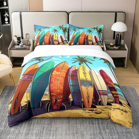 Planche de Surf Aquarelle Housse de Couette Coton Biologique Palmiers Tropicaux Parure de Lit 220x240 Ensemble de Literie de Plage Ensemble de Draps de Vacances Hawaïennes 220x240 (1/5)
