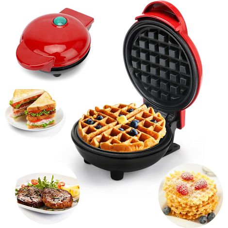 (Rouge) Mini gaufrier et crêpière rond - Idéal pour Noël, la fête des mères, les fêtes d'enfants et un usage familial - AquaForge (1/5)