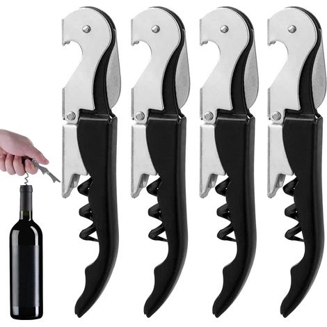Abrebotellas (juego de 4 piezas): un abrebotellas multifuncional 3 en 1 de acero inoxidable que combina un abrebotellas, un cortador de papel de aluminio y un abrebotellas en una sola unidad. (1/5)