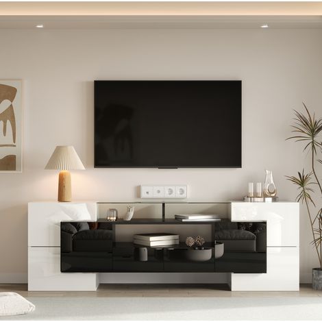Mueble TV 200x35x60 cm blanco y negro en tablero de partículas con LED y acabado brillante (1/5)