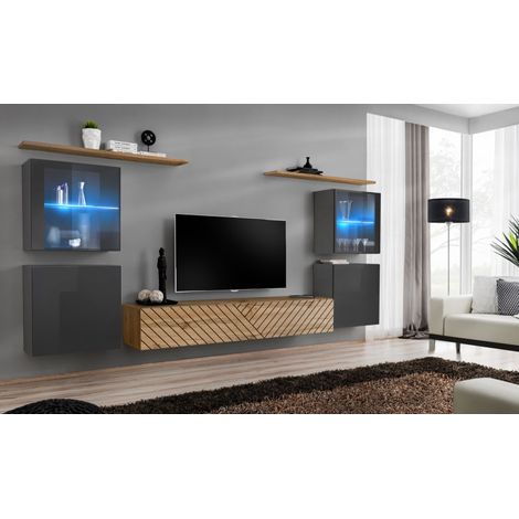 Ensemble de 7 meubles muraux "Switch XIV" pour TV en bois - Beige et Gris - L 320 x H 160 x P 40 cm - Livraison gratuite
