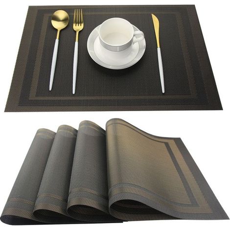 Sets de Table PVC Antidérapant Lavable Résiste à la Chaleur Rectangulaire Vinyle Set de Table pour Restaurant, Table à Manger en Cuisine ou Salle à Manger, 12x18 in Lot de 4 (Noir) (1/5)