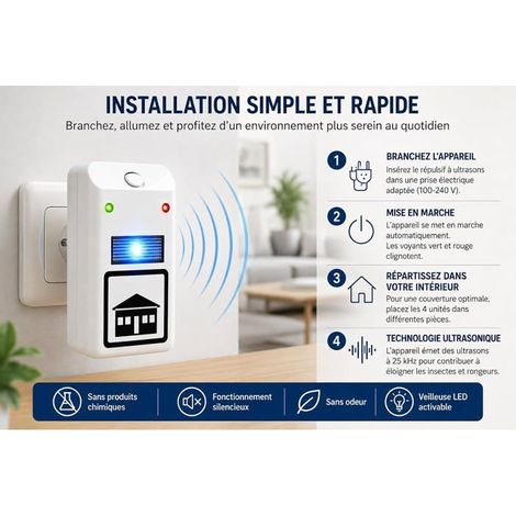 Lot de 4 Répulsif Ultrasons, Repulsif Moustique, Repulsif Anti Mouches Electrique Appareil Répulsif Souris Moustique Inoffensif (1/5)