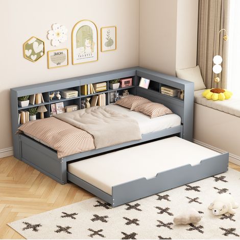 Cama individual nido de madera con USB gris OKMYHOME (1/5)