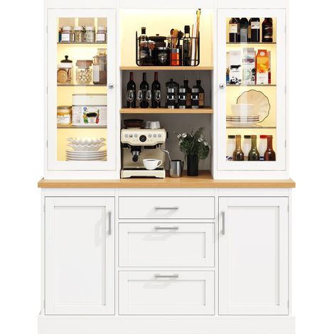 Buffet de cuisine avec 3 Tiroirs, Étagères Réglables et LED RGB, Plan de Travail, en MDF, 140×40×185 cm, Blanc (1/5)