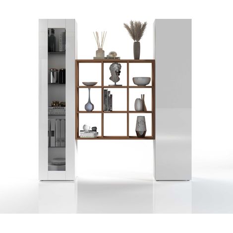 WHOUS - Parete Attrezzata MARUSKA 3 Mobili da Terra o Sospesa - 1 Libreria a 9 Scomparti, 1 Vetrina e 1 Colonna Armadio - Set da Soggiorno Bianco Lucido (1/5)