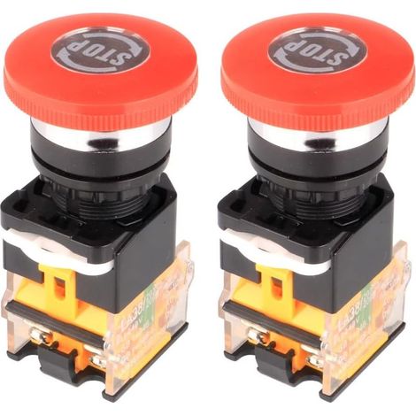 2Pièces 12V/24V/48V/220V 10A Bouton Poussoir D'arrêt D'urgence Champignon Rouge 22mm NO NC Interrupteurs à Bouton Poussoir (1/5)