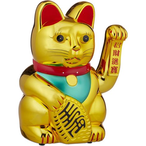 Relaxdays Gatto Cinese Portafortuna con Zampa Mobile, a Batteria, Maneki Neko, Talismano Successo & Ricchezza, 30cm, oro