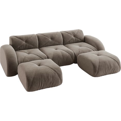 Divano modulare a U a 3 posti in ciniglia taupe con 2 pouf, senza montaggio (1/5)