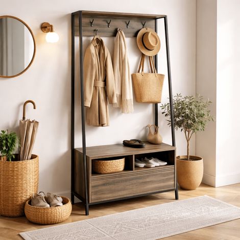 Garderobenschrank, Walnuss-Melamin-Devon – mit Fächern und