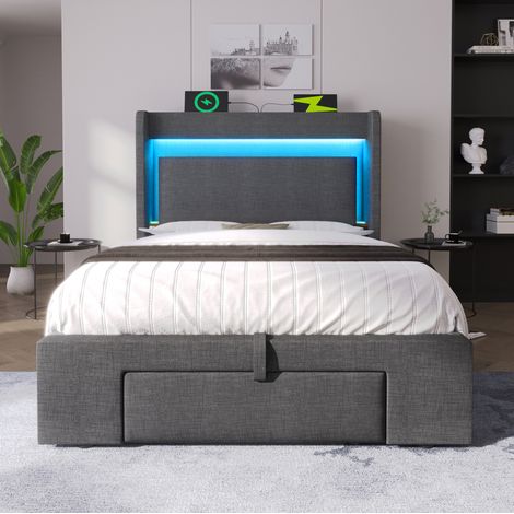 DESVIAE Lit rembourré 90 x 200 cm avec rangement hydraulique tiroir tête de lit avec étagère LED ports USB et USB C gris tissu effet lin (1/5)