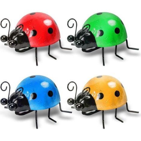 4 pieces - Red, yellow, blue, and green metal ladybug wall art - Perfect to brighten up garden, balcony, or terrace. (1/5)