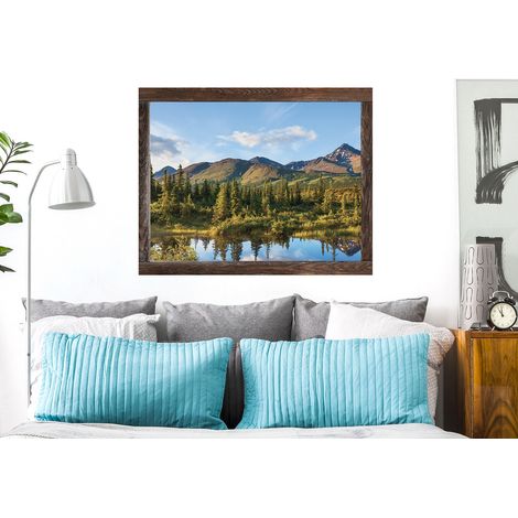 Sticker mural 3D pour fenêtre, paysage canadien avec lac, montagne et forêt, reflet des arbres dans l'eau, 60x75cm (1/5)