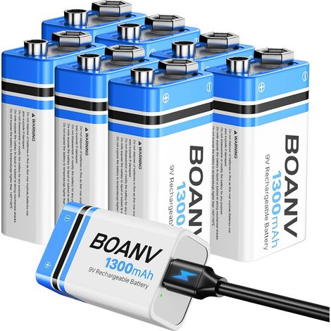 8PCS Piles 9V Rechargeables 1300mAh, 9V Rechargeable USB Lithium à Longue Duréé Batterie, avec câble de Charge 2 en 1, pour détecteurs de fumée, alarmes, Clavier, Microphone (1/5)