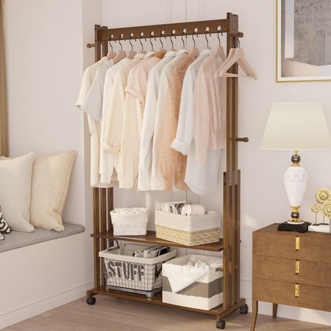 Perchero de Pie de Madera con Ruedas para Colgar Ropa Perchero con Estante de Bambú Perchero para Dormitorio - 104x32x166cm (1/5)
