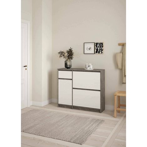 Dmora - Zapatero Todd, Zapatero, Armario de entrada multiusos, Zapatero, 109x32 h93 cm, Cemento y Blanco brillante (1/5)