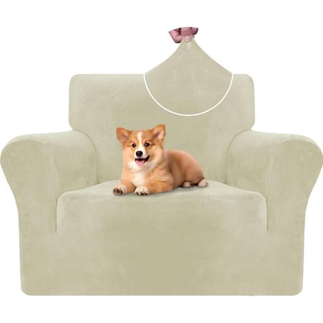 Housse Fauteuil Velour 1 Place, Housse Canape Extensible avec Accoudoirs, Universelle Sofa Cover Antidérapante, Protection Couvre Canapé Anti Poils Animaux, Lavable, Beige (1/5)