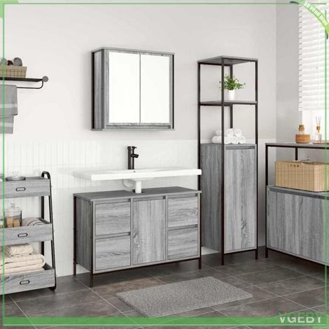 Ensemble de mobilier de salle de bain 2 pcs - 7291712445446 - Gris sonoma et noir - Bois d'ingénierie & acier - Hauteur 165 cm (1/5)