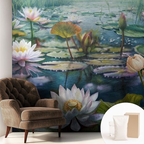 Papier peint intissé décoratif pour salon chambre et cuisine Facile à poser avec colle Fleurs de l'étang 250x250 cm (1/5)