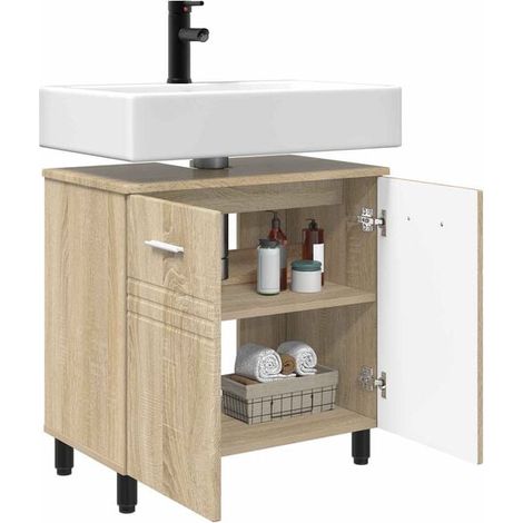 Meuble Salle de Bain avec Miroir et Évier Intégré, 60 x 35 x 60 cm, Style Moderne en Bois Chêne Sonoma, Rangement Pratique pour WC ou Douche (1/5)