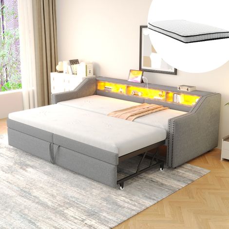 Ausziehbares Schlafsofa 90/180x200 cm mit LED-Beleuchtung, USB-Anschluss und Stauraum, Multifunktionales Polsterbett inkl. 2 Federkernmatratzen, Hellgrau (1/5)