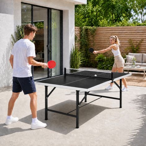 Mini Table Ping-Pong Pliable, 2 Raquettes Bois, 3 Balles, Filet, 152x76x70 cm, Noir (1/5)