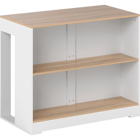 Table de bar haute cuisine 3 niveaux, 2 étagères ouvertes, plateau aspect bois clair 113x60x90 cm blanc (1/5)