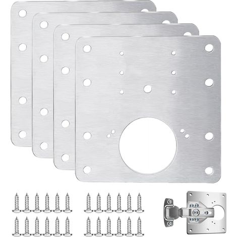 Lot de 4 plaques de réparation de charnière de porte de placard avec 24 vis, support plat en acier inoxydable pour fixation d'armoire de cuisine avec trous, 9 x 9 cm, argenté (1/5)