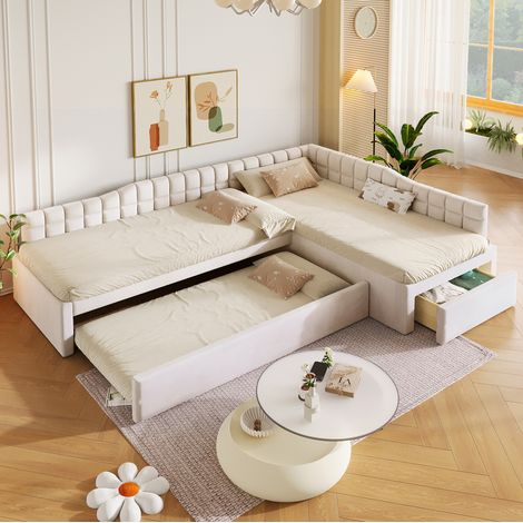 Lit L 90x200 cm avec lit gigogne, tiroirs et revêtement en tissu beige HAVRYA (1/5)