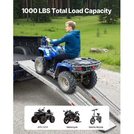 Rampes en acier 1000 lbs lot de 2, rampes de chargement renforcées surface large, antidérapantes avec poignées et sangles, pour quad, UTV, moto, vélo électrique (1/5)