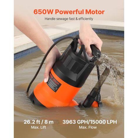 Pompe Submersible Eaux Usées 650 W Pompe Puisard PP-GF20, 15000 L/h avec Interrupteur à Flotteur Automatique, Hauteur Refoulement 8 m, Évacuation Eaux Usées pour Piscines, Étangs, Zones Inondées (1/5)