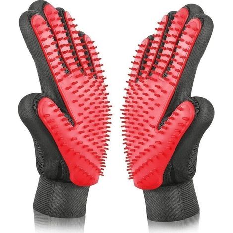 Guante para el cuidado de mascotas, guante para mascotas, herramienta de masaje con cinco dedos reforzados - Kit de aseo para mascotas para la eliminación del pelo - Rojo (1/5)