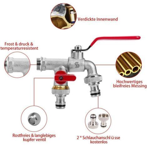 Doppelter Gartenwasserhahn, Wasserhahn mit 2 x 3/4"-Ausgängen - 1/2"-Zulauf, 1 Rollendichtung, Doppelanschluss und Schlauchdüse für Garten, Regenwassertank, Waschmaschine (Rot) (1/4)