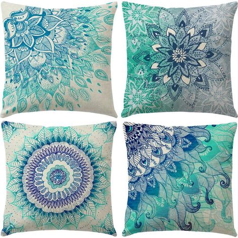 Lot de 4 Housses de Coussin Décoratives Bohème, Motif Mandala Aquarelle Fleuri, Taies de Coussins Carrées 45x45 cm pour Canapé, Chambre, Voiture, Extérieur (Mandala Bleu) (1/5)